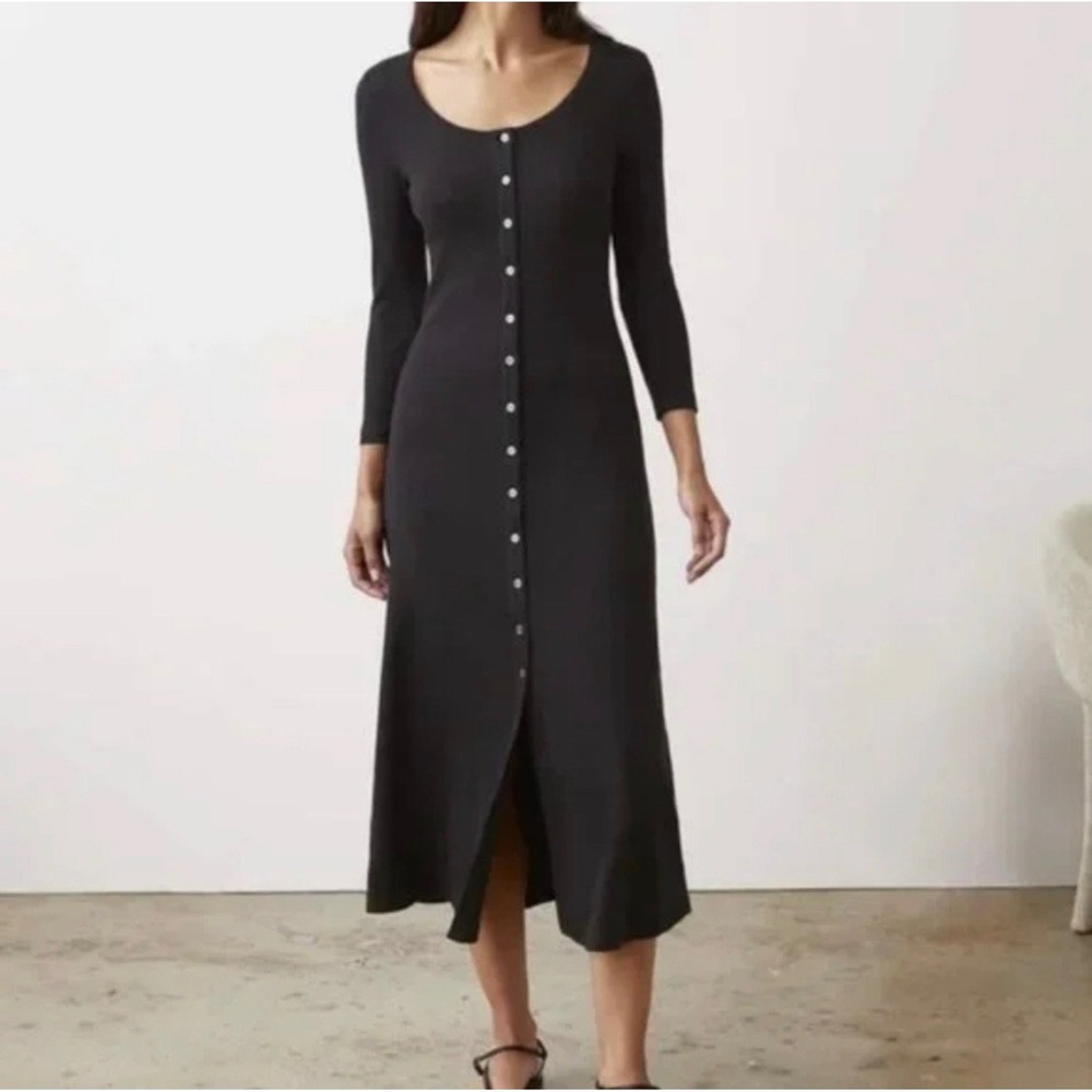 AYR The It Girl Dress S Black Ribbed Pima Cotton Button Front Midi Dress Casual